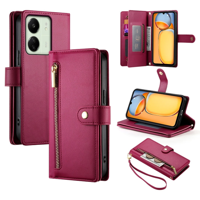 Cartera con cremallera y nueve ranuras para tarjetas, funda de cuero para teléfono, For Redmi Note 14 4G 163.25mm Global, For Redmi 14C 4G, For Redmi K70 Ultra, For Redmi 13, For Redmi Turbo 3, For Redmi Note 13 Pro 4G / Xiaomi Poco M6 Pro, For Redmi A...