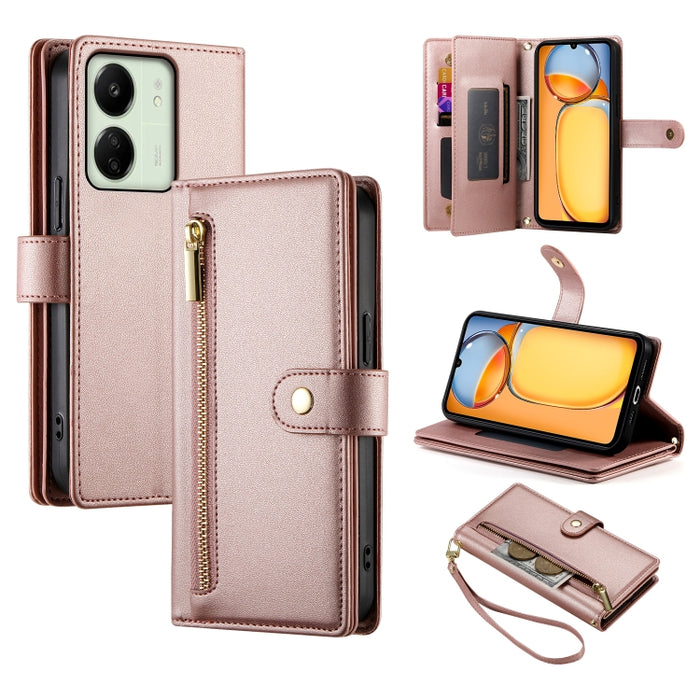 Cartera con cremallera y nueve ranuras para tarjetas, funda de cuero para teléfono, For Redmi Note 14 4G 163.25mm Global, For Redmi 14C 4G, For Redmi K70 Ultra, For Redmi 13, For Redmi Turbo 3, For Redmi Note 13 Pro 4G / Xiaomi Poco M6 Pro, For Redmi A...