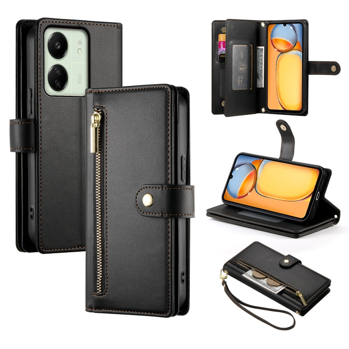 Cartera con cremallera y nueve ranuras para tarjetas, funda de cuero para teléfono, For Redmi Note 14 4G 163.25mm Global, For Redmi 14C 4G, For Redmi K70 Ultra, For Redmi 13, For Redmi Turbo 3, For Redmi Note 13 Pro 4G / Xiaomi Poco M6 Pro, For Redmi A...