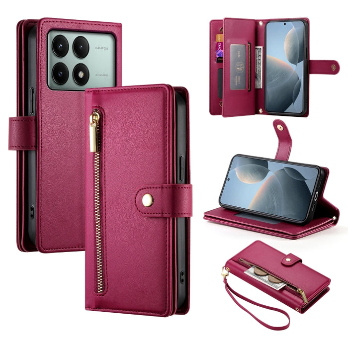 Cartera con cremallera y nueve ranuras para tarjetas, funda de cuero para teléfono, For Redmi Note 14 4G 163.25mm Global, For Redmi 14C 4G, For Redmi K70 Ultra, For Redmi 13, For Redmi Turbo 3, For Redmi Note 13 Pro 4G / Xiaomi Poco M6 Pro, For Redmi A...