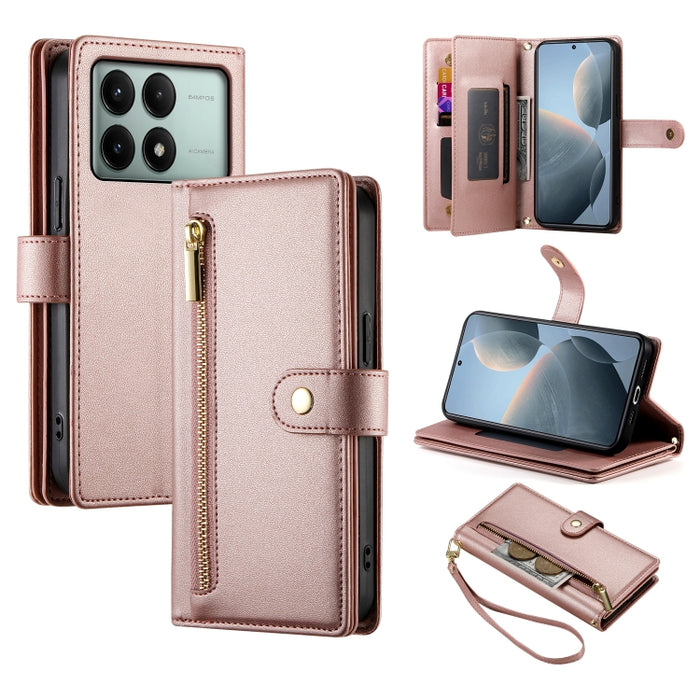Cartera con cremallera y nueve ranuras para tarjetas, funda de cuero para teléfono, For Redmi Note 14 4G 163.25mm Global, For Redmi 14C 4G, For Redmi K70 Ultra, For Redmi 13, For Redmi Turbo 3, For Redmi Note 13 Pro 4G / Xiaomi Poco M6 Pro, For Redmi A...