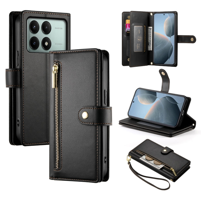 Cartera con cremallera y nueve ranuras para tarjetas, funda de cuero para teléfono, For Redmi Note 14 4G 163.25mm Global, For Redmi 14C 4G, For Redmi K70 Ultra, For Redmi 13, For Redmi Turbo 3, For Redmi Note 13 Pro 4G / Xiaomi Poco M6 Pro, For Redmi A...