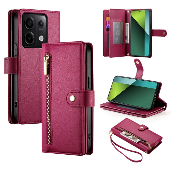 Cartera con cremallera y nueve ranuras para tarjetas, funda de cuero para teléfono, For Redmi Note 14 4G 163.25mm Global, For Redmi 14C 4G, For Redmi K70 Ultra, For Redmi 13, For Redmi Turbo 3, For Redmi Note 13 Pro 4G / Xiaomi Poco M6 Pro, For Redmi A...