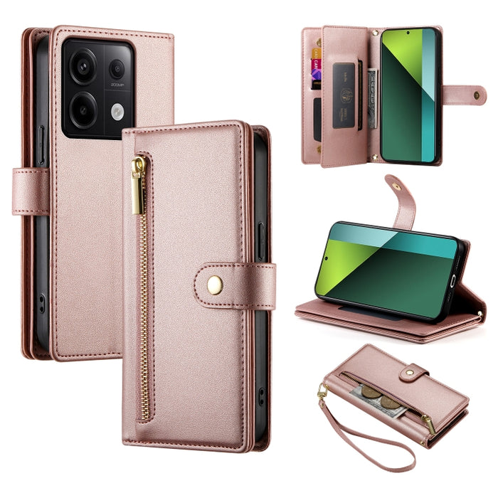 Cartera con cremallera y nueve ranuras para tarjetas, funda de cuero para teléfono, For Redmi Note 14 4G 163.25mm Global, For Redmi 14C 4G, For Redmi K70 Ultra, For Redmi 13, For Redmi Turbo 3, For Redmi Note 13 Pro 4G / Xiaomi Poco M6 Pro, For Redmi A...