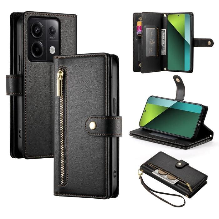 Cartera con cremallera y nueve ranuras para tarjetas, funda de cuero para teléfono, For Redmi Note 14 4G 163.25mm Global, For Redmi 14C 4G, For Redmi K70 Ultra, For Redmi 13, For Redmi Turbo 3, For Redmi Note 13 Pro 4G / Xiaomi Poco M6 Pro, For Redmi A...
