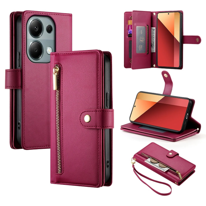 Cartera con cremallera y nueve ranuras para tarjetas, funda de cuero para teléfono, For Redmi Note 14 4G 163.25mm Global, For Redmi 14C 4G, For Redmi K70 Ultra, For Redmi 13, For Redmi Turbo 3, For Redmi Note 13 Pro 4G / Xiaomi Poco M6 Pro, For Redmi A...