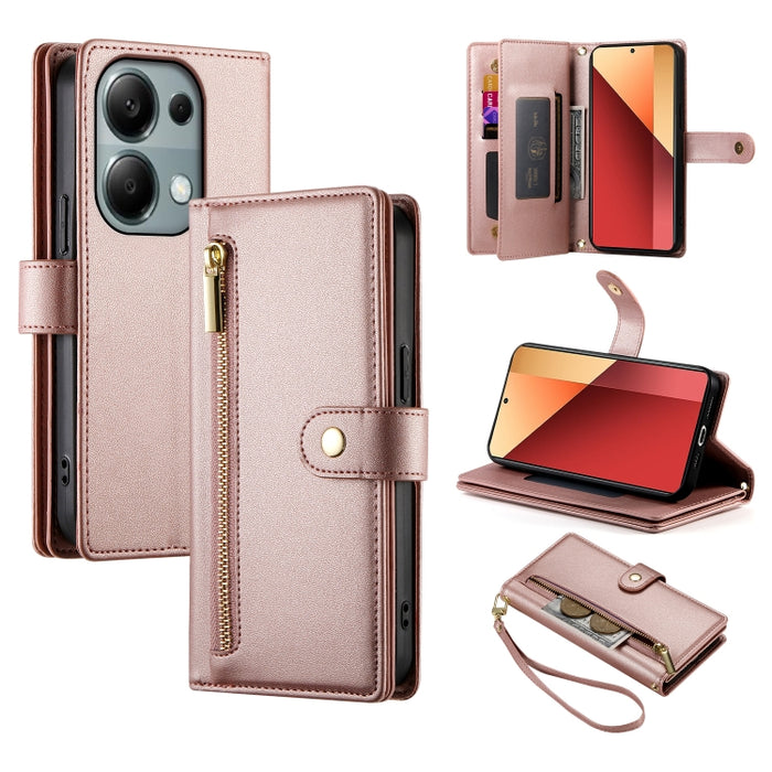 Cartera con cremallera y nueve ranuras para tarjetas, funda de cuero para teléfono, For Redmi Note 14 4G 163.25mm Global, For Redmi 14C 4G, For Redmi K70 Ultra, For Redmi 13, For Redmi Turbo 3, For Redmi Note 13 Pro 4G / Xiaomi Poco M6 Pro, For Redmi A...