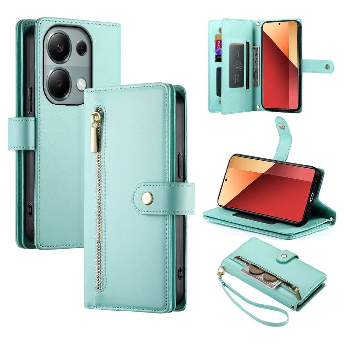 Cartera con cremallera y nueve ranuras para tarjetas, funda de cuero para teléfono, For Redmi Note 14 4G 163.25mm Global, For Redmi 14C 4G, For Redmi K70 Ultra, For Redmi 13, For Redmi Turbo 3, For Redmi Note 13 Pro 4G / Xiaomi Poco M6 Pro, For Redmi A...