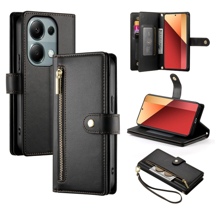 Cartera con cremallera y nueve ranuras para tarjetas, funda de cuero para teléfono, For Redmi Note 14 4G 163.25mm Global, For Redmi 14C 4G, For Redmi K70 Ultra, For Redmi 13, For Redmi Turbo 3, For Redmi Note 13 Pro 4G / Xiaomi Poco M6 Pro, For Redmi A...