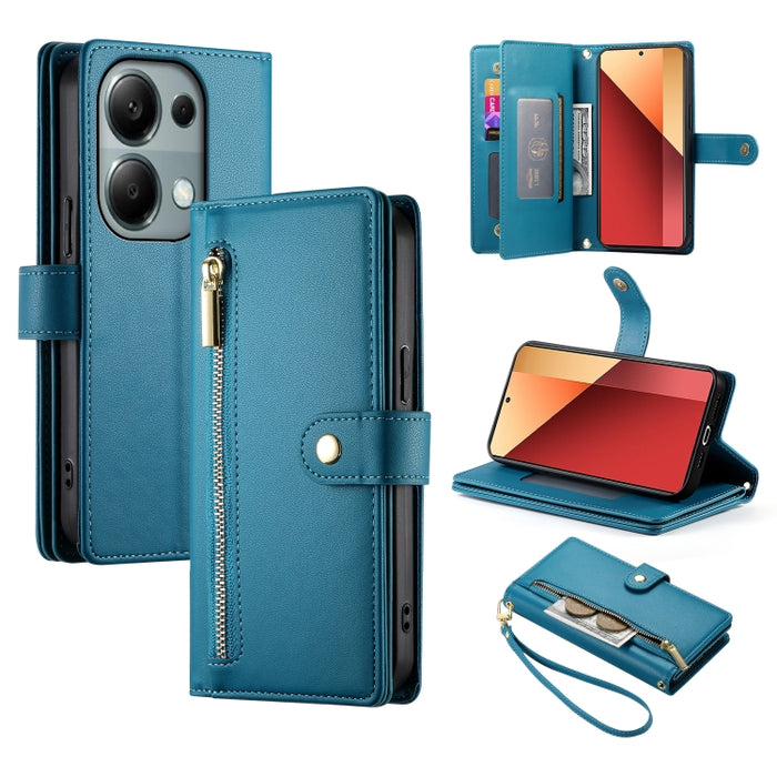 Cartera con cremallera y nueve ranuras para tarjetas, funda de cuero para teléfono, For Redmi Note 14 4G 163.25mm Global, For Redmi 14C 4G, For Redmi K70 Ultra, For Redmi 13, For Redmi Turbo 3, For Redmi Note 13 Pro 4G / Xiaomi Poco M6 Pro, For Redmi A...