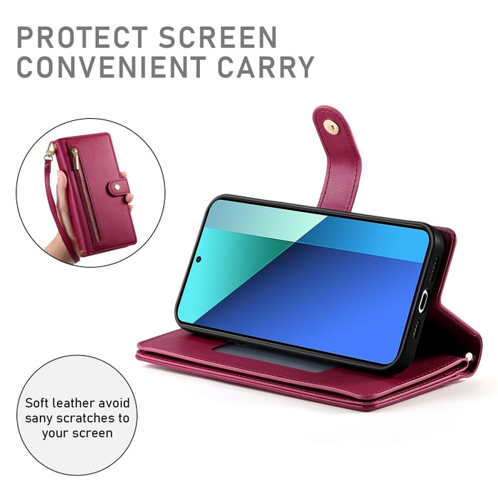 Cartera con cremallera y nueve ranuras para tarjetas, funda de cuero para teléfono, For Redmi Note 12 4G / Note 12R Pro, For Redmi Note 12S 4G / Note 11 4G, For Redmi Note 11S 4G, For Redmi Note 12 Pro / Xiaomi Poco X5 Pro                              ...