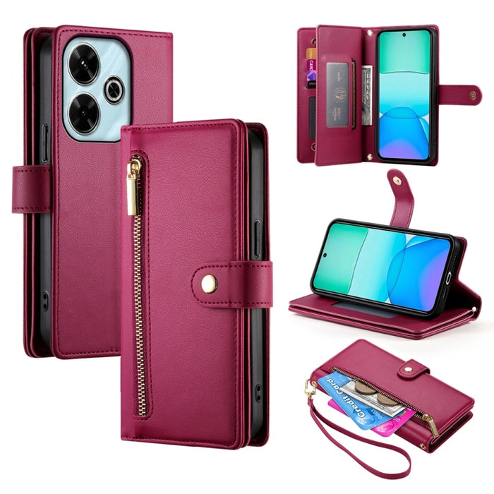 Cartera con cremallera y nueve ranuras para tarjetas, funda de cuero para teléfono, For Redmi Note 14 4G 163.25mm Global, For Redmi 14C 4G, For Redmi K70 Ultra, For Redmi 13, For Redmi Turbo 3, For Redmi Note 13 Pro 4G / Xiaomi Poco M6 Pro, For Redmi A...