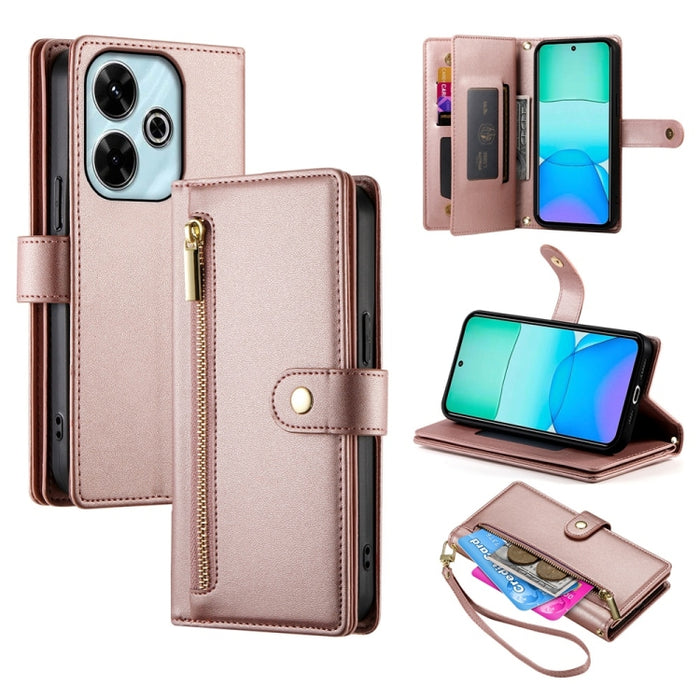 Cartera con cremallera y nueve ranuras para tarjetas, funda de cuero para teléfono, For Redmi Note 14 4G 163.25mm Global, For Redmi 14C 4G, For Redmi K70 Ultra, For Redmi 13, For Redmi Turbo 3, For Redmi Note 13 Pro 4G / Xiaomi Poco M6 Pro, For Redmi A...