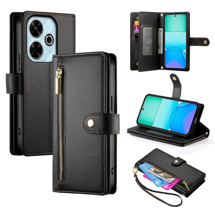 Cartera con cremallera y nueve ranuras para tarjetas, funda de cuero para teléfono, For Redmi Note 14 4G 163.25mm Global, For Redmi 14C 4G, For Redmi K70 Ultra, For Redmi 13, For Redmi Turbo 3, For Redmi Note 13 Pro 4G / Xiaomi Poco M6 Pro, For Redmi A...