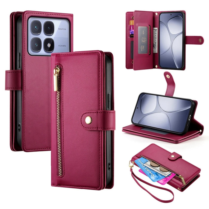 Cartera con cremallera y nueve ranuras para tarjetas, funda de cuero para teléfono, For Redmi Note 14 4G 163.25mm Global, For Redmi 14C 4G, For Redmi K70 Ultra, For Redmi 13, For Redmi Turbo 3, For Redmi Note 13 Pro 4G / Xiaomi Poco M6 Pro, For Redmi A...