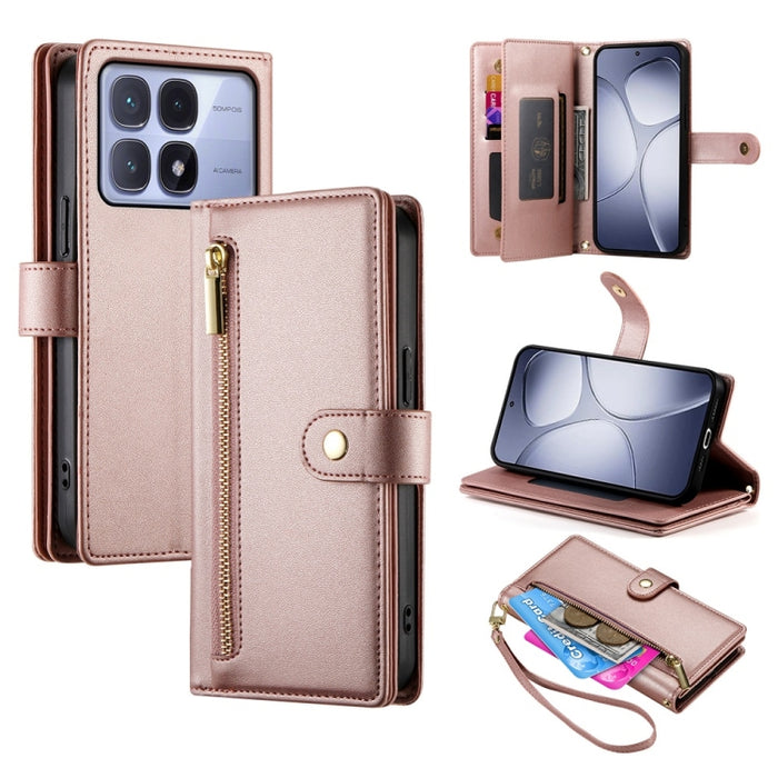 Cartera con cremallera y nueve ranuras para tarjetas, funda de cuero para teléfono, For Redmi Note 14 4G 163.25mm Global, For Redmi 14C 4G, For Redmi K70 Ultra, For Redmi 13, For Redmi Turbo 3, For Redmi Note 13 Pro 4G / Xiaomi Poco M6 Pro, For Redmi A...