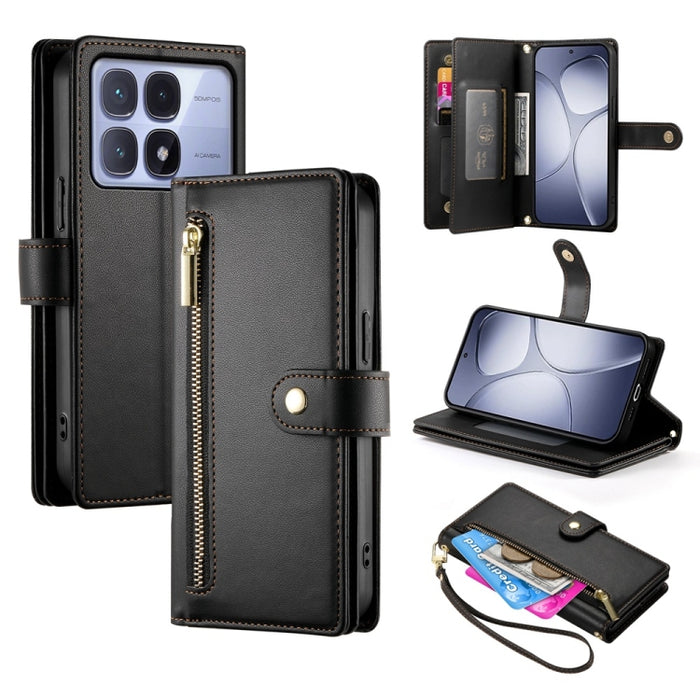 Cartera con cremallera y nueve ranuras para tarjetas, funda de cuero para teléfono, For Redmi Note 14 4G 163.25mm Global, For Redmi 14C 4G, For Redmi K70 Ultra, For Redmi 13, For Redmi Turbo 3, For Redmi Note 13 Pro 4G / Xiaomi Poco M6 Pro, For Redmi A...