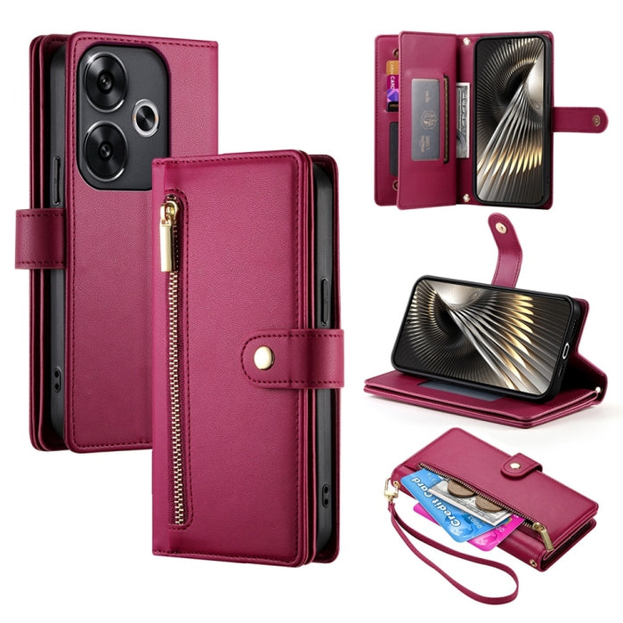 Cartera con cremallera y nueve ranuras para tarjetas, funda de cuero para teléfono, For Redmi Note 14 4G 163.25mm Global, For Redmi 14C 4G, For Redmi K70 Ultra, For Redmi 13, For Redmi Turbo 3, For Redmi Note 13 Pro 4G / Xiaomi Poco M6 Pro, For Redmi A...