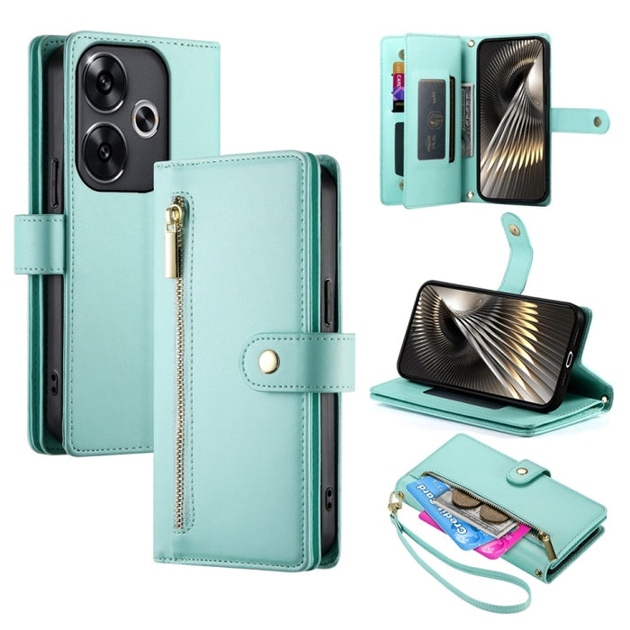 Cartera con cremallera y nueve ranuras para tarjetas, funda de cuero para teléfono, For Redmi Note 14 4G 163.25mm Global, For Redmi 14C 4G, For Redmi K70 Ultra, For Redmi 13, For Redmi Turbo 3, For Redmi Note 13 Pro 4G / Xiaomi Poco M6 Pro, For Redmi A...