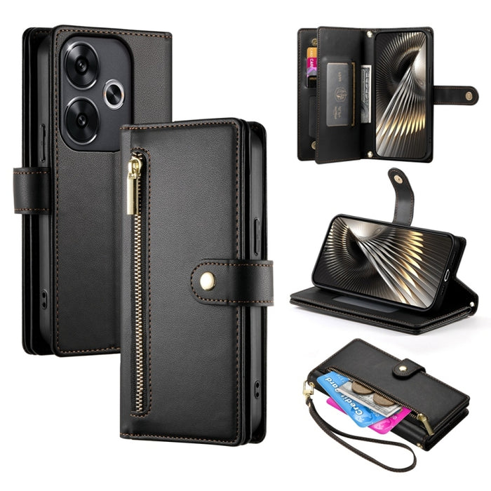 Cartera con cremallera y nueve ranuras para tarjetas, funda de cuero para teléfono, For Redmi Note 14 4G 163.25mm Global, For Redmi 14C 4G, For Redmi K70 Ultra, For Redmi 13, For Redmi Turbo 3, For Redmi Note 13 Pro 4G / Xiaomi Poco M6 Pro, For Redmi A...