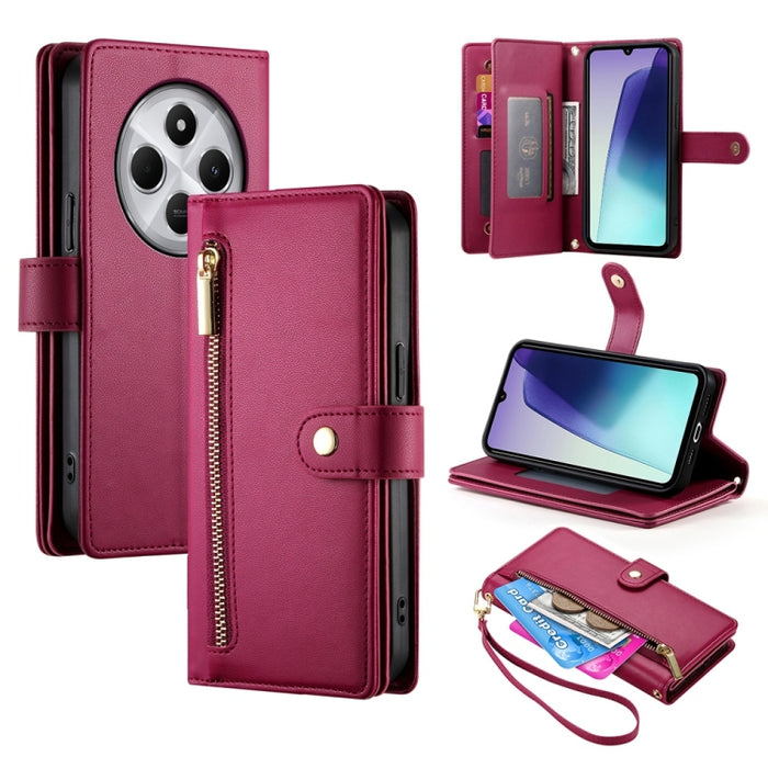 Cartera con cremallera y nueve ranuras para tarjetas, funda de cuero para teléfono, For Redmi Note 14 4G 163.25mm Global, For Redmi 14C 4G, For Redmi K70 Ultra, For Redmi 13, For Redmi Turbo 3, For Redmi Note 13 Pro 4G / Xiaomi Poco M6 Pro, For Redmi A...