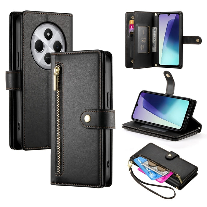 Cartera con cremallera y nueve ranuras para tarjetas, funda de cuero para teléfono, For Redmi Note 14 4G 163.25mm Global, For Redmi 14C 4G, For Redmi K70 Ultra, For Redmi 13, For Redmi Turbo 3, For Redmi Note 13 Pro 4G / Xiaomi Poco M6 Pro, For Redmi A...