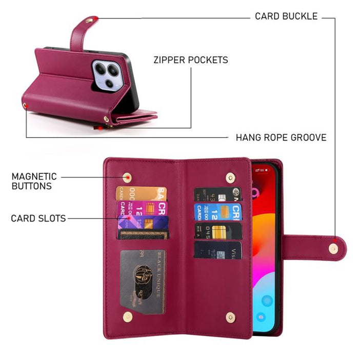 Cartera con cremallera y nueve ranuras para tarjetas, funda de cuero para teléfono, For Redmi Note 14 4G 163.25mm Global, For Redmi 14C 4G, For Redmi K70 Ultra, For Redmi 13, For Redmi Turbo 3, For Redmi Note 13 Pro 4G / Xiaomi Poco M6 Pro, For Redmi A...