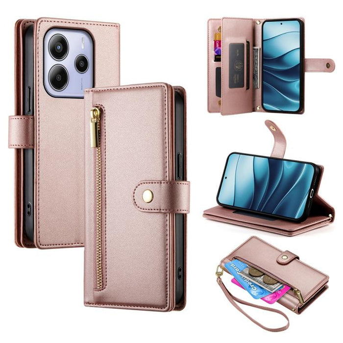 Cartera con cremallera y nueve ranuras para tarjetas, funda de cuero para teléfono, For Redmi Note 14 4G 163.25mm Global, For Redmi 14C 4G, For Redmi K70 Ultra, For Redmi 13, For Redmi Turbo 3, For Redmi Note 13 Pro 4G / Xiaomi Poco M6 Pro, For Redmi A...