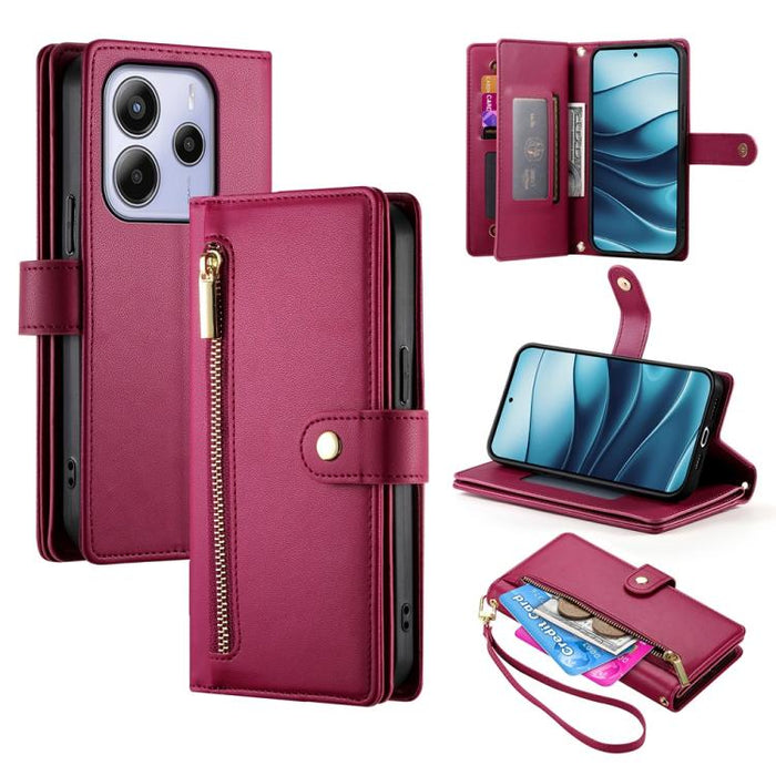 Cartera con cremallera y nueve ranuras para tarjetas, funda de cuero para teléfono, For Redmi Note 14 4G 163.25mm Global, For Redmi 14C 4G, For Redmi K70 Ultra, For Redmi 13, For Redmi Turbo 3, For Redmi Note 13 Pro 4G / Xiaomi Poco M6 Pro, For Redmi A...