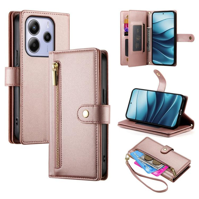 Cartera con cremallera y nueve ranuras para tarjetas, funda de cuero para teléfono, For Redmi Note 14 4G 163.25mm Global, For Redmi 14C 4G, For Redmi K70 Ultra, For Redmi 13, For Redmi Turbo 3, For Redmi Note 13 Pro 4G / Xiaomi Poco M6 Pro, For Redmi A...