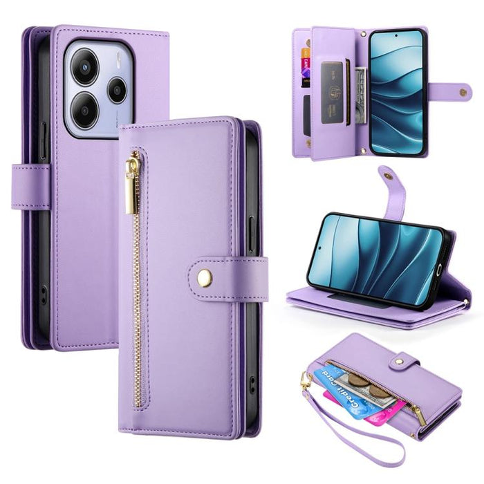 Cartera con cremallera y nueve ranuras para tarjetas, funda de cuero para teléfono, For Redmi Note 14 4G 163.25mm Global, For Redmi 14C 4G, For Redmi K70 Ultra, For Redmi 13, For Redmi Turbo 3, For Redmi Note 13 Pro 4G / Xiaomi Poco M6 Pro, For Redmi A...