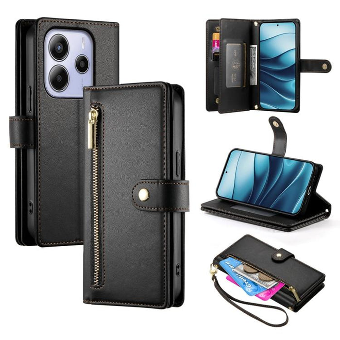 Cartera con cremallera y nueve ranuras para tarjetas, funda de cuero para teléfono, For Redmi Note 14 4G 163.25mm Global, For Redmi 14C 4G, For Redmi K70 Ultra, For Redmi 13, For Redmi Turbo 3, For Redmi Note 13 Pro 4G / Xiaomi Poco M6 Pro, For Redmi A...