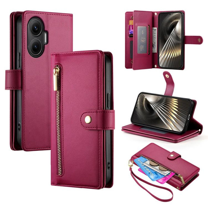 Cartera con cremallera y nueve ranuras para tarjetas, funda de cuero para teléfono, For Redmi Note 14 4G 163.25mm Global, For Redmi 14C 4G, For Redmi K70 Ultra, For Redmi 13, For Redmi Turbo 3, For Redmi Note 13 Pro 4G / Xiaomi Poco M6 Pro, For Redmi A...