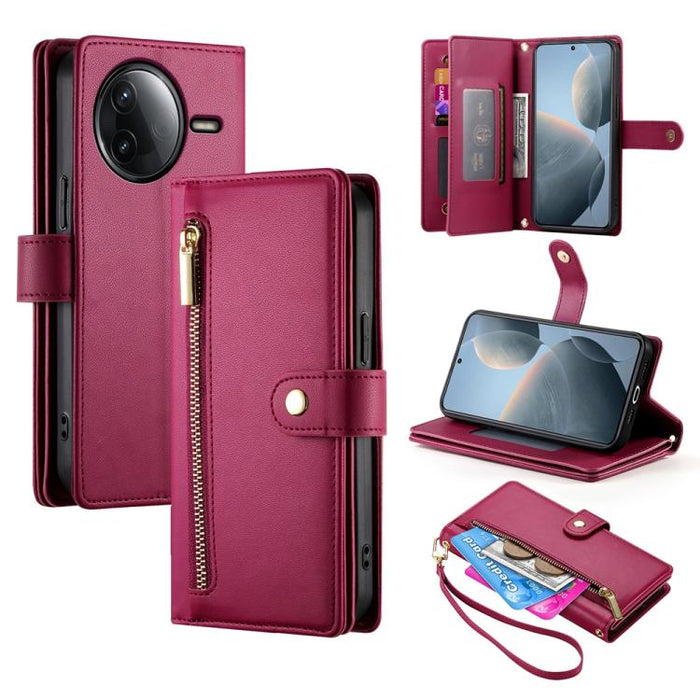 Cartera con cremallera y nueve ranuras para tarjetas, funda de cuero para teléfono, For Redmi Note 14 4G 163.25mm Global, For Redmi 14C 4G, For Redmi K70 Ultra, For Redmi 13, For Redmi Turbo 3, For Redmi Note 13 Pro 4G / Xiaomi Poco M6 Pro, For Redmi A...