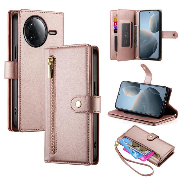 Cartera con cremallera y nueve ranuras para tarjetas, funda de cuero para teléfono, For Redmi Note 14 4G 163.25mm Global, For Redmi 14C 4G, For Redmi K70 Ultra, For Redmi 13, For Redmi Turbo 3, For Redmi Note 13 Pro 4G / Xiaomi Poco M6 Pro, For Redmi A...