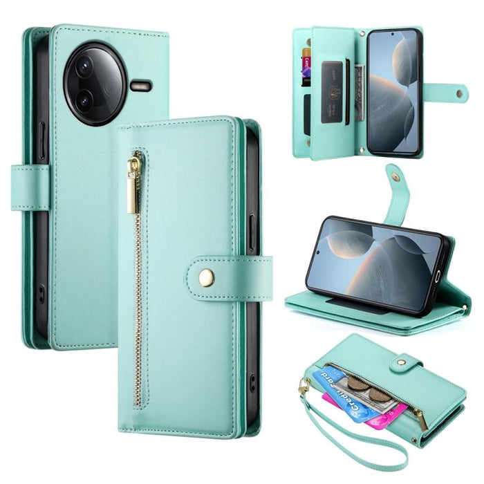 Cartera con cremallera y nueve ranuras para tarjetas, funda de cuero para teléfono, For Redmi Note 14 4G 163.25mm Global, For Redmi 14C 4G, For Redmi K70 Ultra, For Redmi 13, For Redmi Turbo 3, For Redmi Note 13 Pro 4G / Xiaomi Poco M6 Pro, For Redmi A...