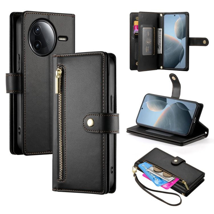 Cartera con cremallera y nueve ranuras para tarjetas, funda de cuero para teléfono, For Redmi Note 14 4G 163.25mm Global, For Redmi 14C 4G, For Redmi K70 Ultra, For Redmi 13, For Redmi Turbo 3, For Redmi Note 13 Pro 4G / Xiaomi Poco M6 Pro, For Redmi A...