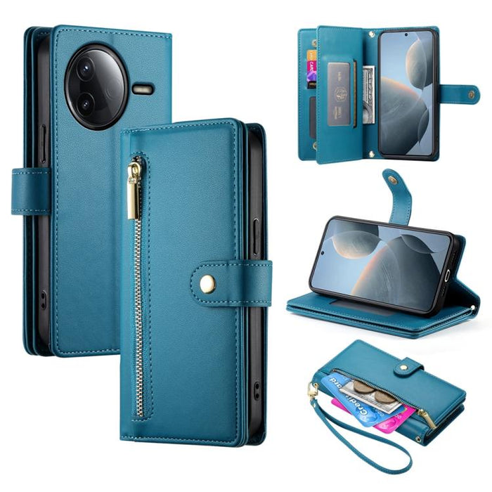 Cartera con cremallera y nueve ranuras para tarjetas, funda de cuero para teléfono, For Redmi Note 14 4G 163.25mm Global, For Redmi 14C 4G, For Redmi K70 Ultra, For Redmi 13, For Redmi Turbo 3, For Redmi Note 13 Pro 4G / Xiaomi Poco M6 Pro, For Redmi A...