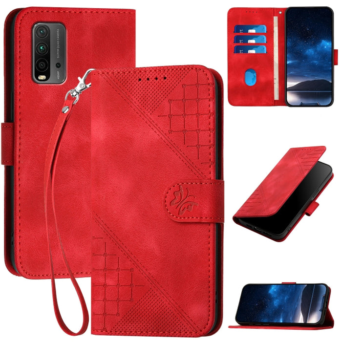 YX0080 Funda de cuero con tapa para teléfono con diseño de mariposa en relieve y cuadrícula y cordón, For Redmi Note 10 4G Global, For Redmi 9T