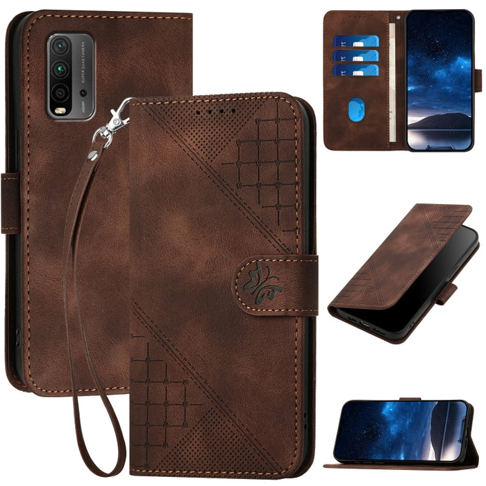 YX0080 Funda de cuero con tapa para teléfono con diseño de mariposa en relieve y cuadrícula y cordón, For Redmi Note 10 4G Global, For Redmi 9T