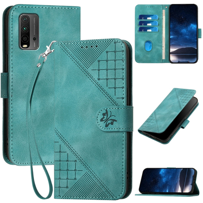 YX0080 Funda de cuero con tapa para teléfono con diseño de mariposa en relieve y cuadrícula y cordón, For Redmi Note 10 4G Global, For Redmi 9T