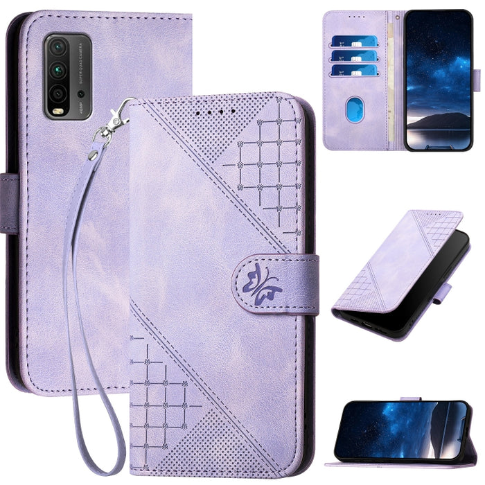 YX0080 Funda de cuero con tapa para teléfono con diseño de mariposa en relieve y cuadrícula y cordón, For Redmi Note 10 4G Global, For Redmi 9T