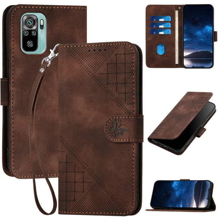 YX0080 Funda de cuero con tapa para teléfono con diseño de mariposa en relieve y cuadrícula y cordón, For Redmi Note 10 4G Global, For Redmi 9T