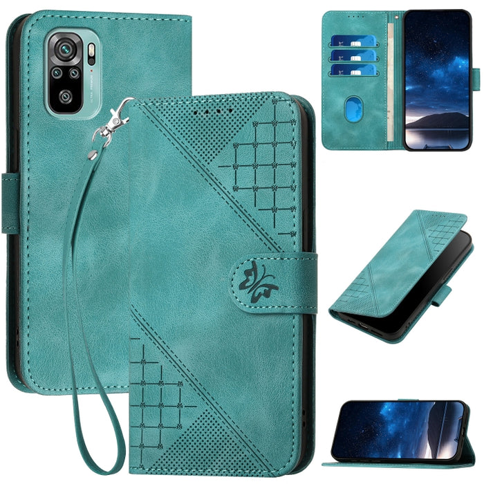 YX0080 Funda de cuero con tapa para teléfono con diseño de mariposa en relieve y cuadrícula y cordón, For Redmi Note 10 4G Global, For Redmi 9T