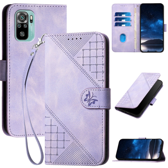 YX0080 Funda de cuero con tapa para teléfono con diseño de mariposa en relieve y cuadrícula y cordón, For Redmi Note 10 4G Global, For Redmi 9T