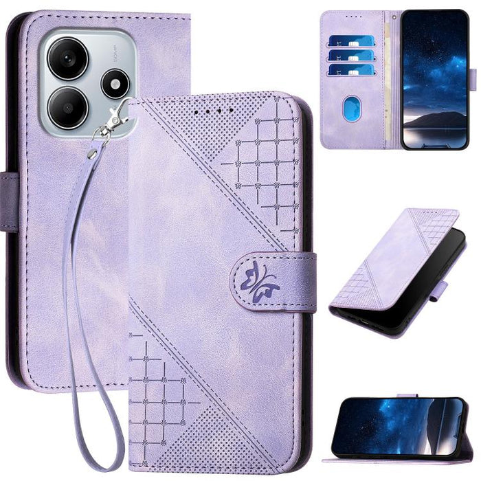 YX0080 Funda de cuero con tapa para teléfono con diseño de mariposa en relieve y cuadrícula y cordón, For Redmi A7 Pro 171mm / Poco C85x 5G, For Redmi Turbo 5 Max / Poco X8 Pro Max, For Redmi Turbo 5 5G / Poco X8 Pro 5G                                 ...