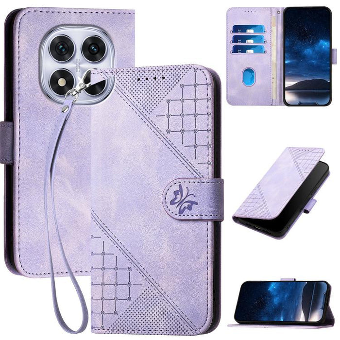 YX0080 Funda de cuero con tapa para teléfono con diseño de mariposa en relieve y cuadrícula y cordón, For Redmi A7 Pro 171mm / Poco C85x 5G, For Redmi Turbo 5 Max / Poco X8 Pro Max, For Redmi Turbo 5 5G / Poco X8 Pro 5G                                 ...