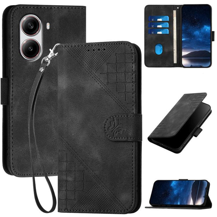 YX0080 Funda de cuero con tapa para teléfono con diseño de mariposa en relieve y cuadrícula y cordón, For Redmi A7 Pro 171mm / Poco C85x 5G, For Redmi Turbo 5 Max / Poco X8 Pro Max, For Redmi Turbo 5 5G / Poco X8 Pro 5G                                 ...