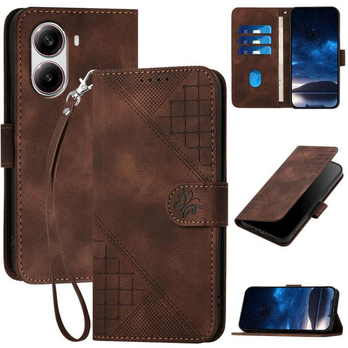 YX0080 Funda de cuero con tapa para teléfono con diseño de mariposa en relieve y cuadrícula y cordón, For Redmi A7 Pro 171mm / Poco C85x 5G, For Redmi Turbo 5 Max / Poco X8 Pro Max, For Redmi Turbo 5 5G / Poco X8 Pro 5G                                 ...