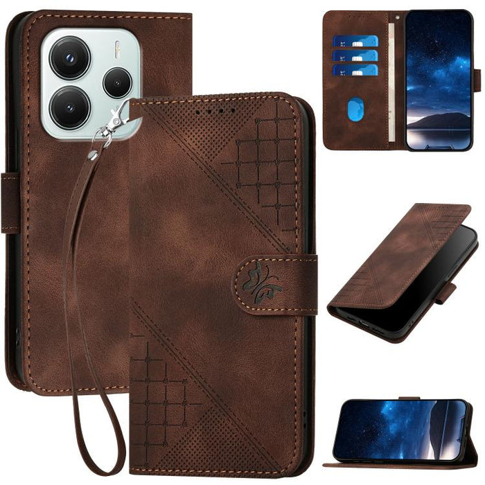 YX0080 Funda de cuero con tapa para teléfono con diseño de mariposa en relieve y cuadrícula y cordón, For Redmi A7 Pro 171mm / Poco C85x 5G, For Redmi Turbo 5 Max / Poco X8 Pro Max, For Redmi Turbo 5 5G / Poco X8 Pro 5G                                 ...